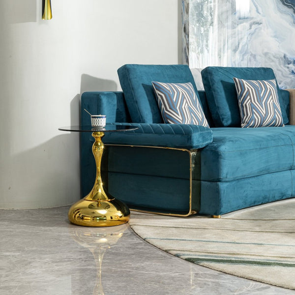English Elm Small Round Glam Side Table Gold Metal Frame Clear Tempered Glass Top Compact Living Room W2723P262937