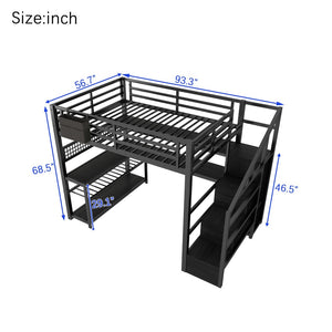 English Elm Full Size Steel Loft Bed with Staircase Storage Wardrobe Desk and Led Lighting Black W2593S00060
