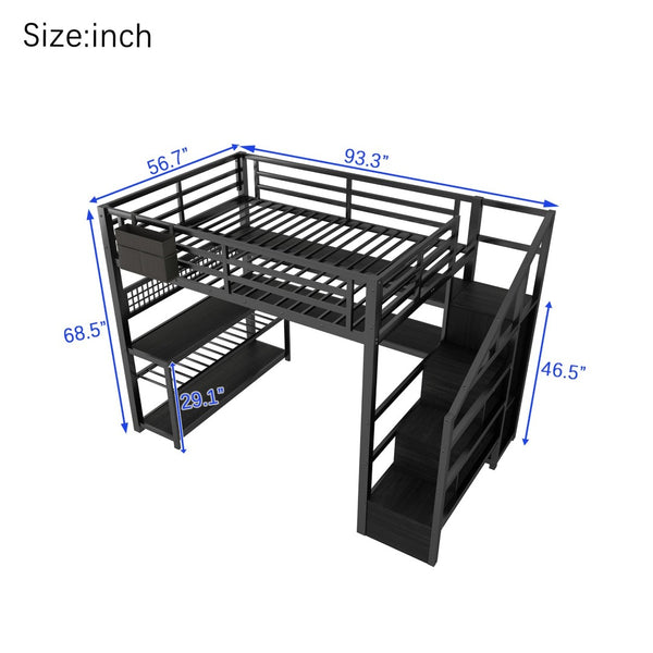 English Elm Full Size Steel Loft Bed with Staircase Storage Wardrobe Desk and Led Lighting Black W2593S00060