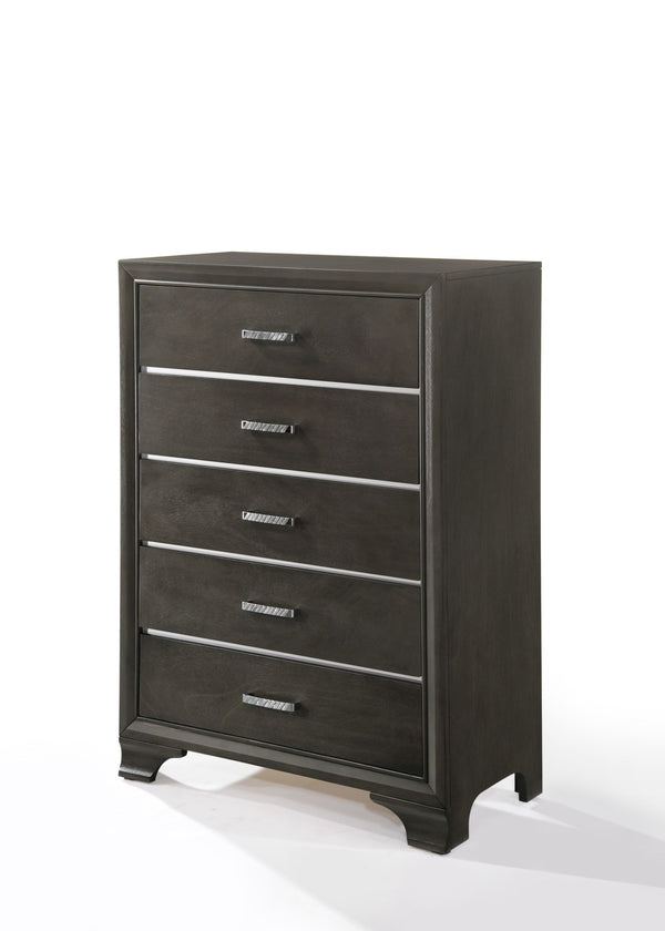 English Elm Grey 5-Drawer Chest with Smooth Pulls, Modern Grey Finish, Spacious Storage for Bedroom & Hallway B062P209023