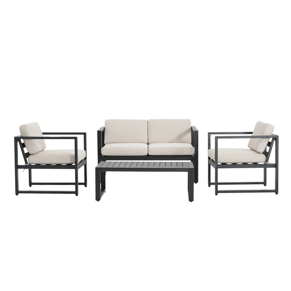 English Elm Christopher Knight Home® - NAVAN Aluminum 4-Piece Chat Set with Beige Olefin Cushions, Black Finish, Comfortable Outdoor Seating N775P243378B