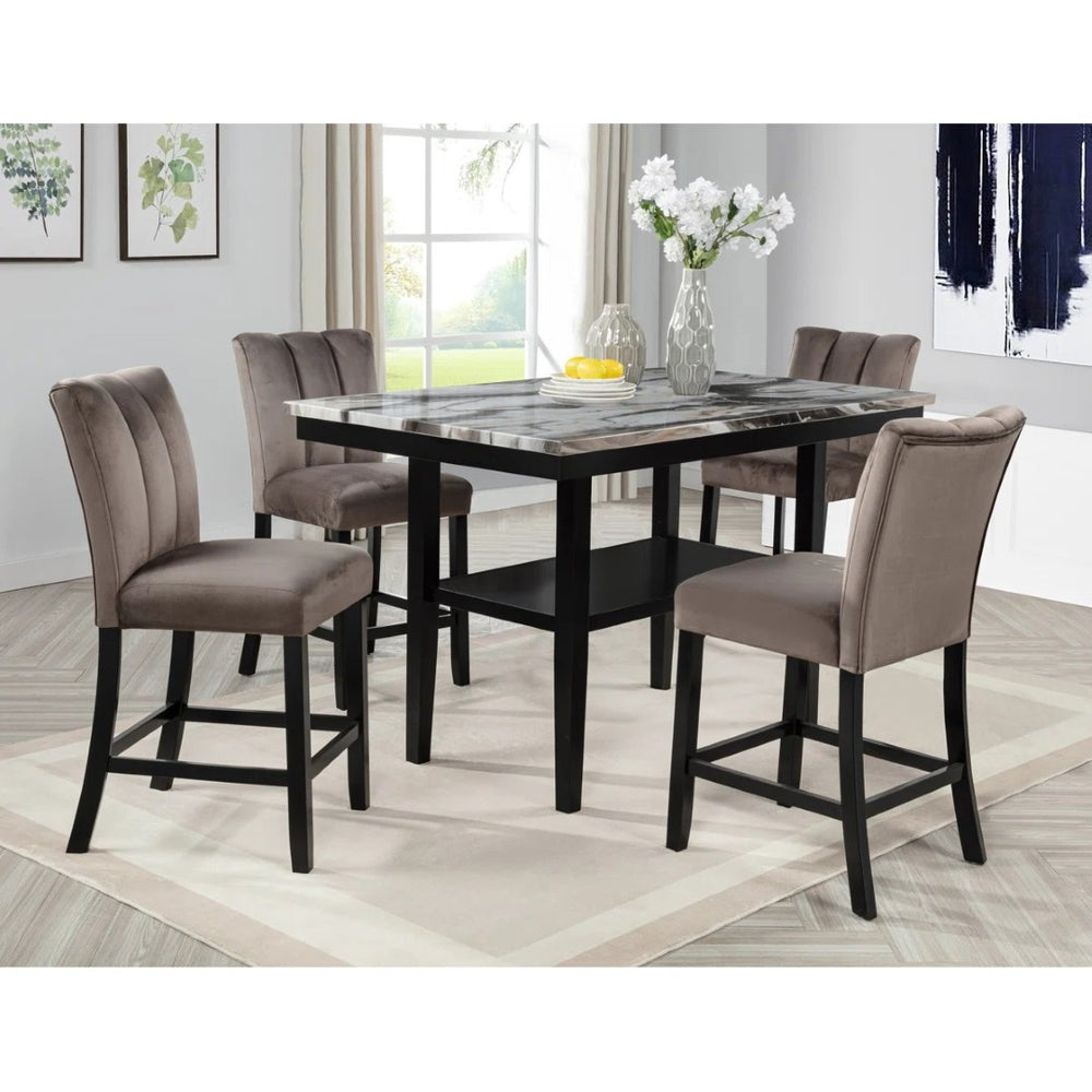 English Elm Modern Faux Marble Counter Dining Set with Velvet Chairs and Matte Black Legs B011S02493