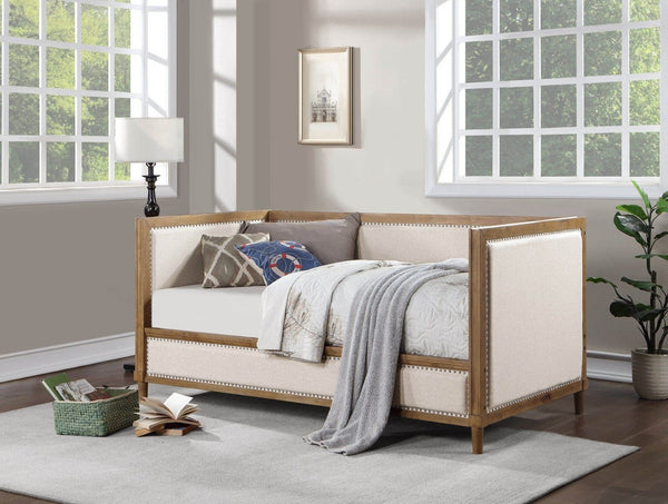English Elm Beige Transitional Daybed with Light Oak Pine Frame, Nailhead Trim, Twin Mattress‑Ready Accent Bed B011S01092