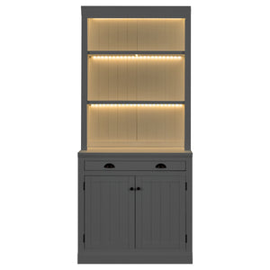 English Elm 83.4"Tall Bookcase with 3 LED Lights, Modern White Bookshelf with 2 Doors 1 Drawer & Adjustable Shelves SR000002AAK