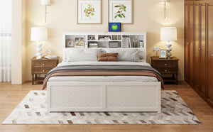 English Elm King Platform Bed with Multi-Storage Headboard, Built-In USB & Outlets, Side Drawers, Modern Design White GX000400AAK