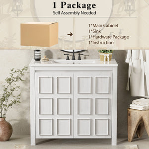 English Elm 36" Bathroom Vanity Organizer with Ceramic Sink, Solid Wood Distressed Finish, Hand-Painted Charm and Ample Storage Antique White N729P255666K