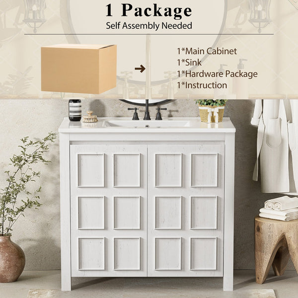English Elm 36" Bathroom Vanity Organizer with Ceramic Sink, Solid Wood Distressed Finish, Hand-Painted Charm and Ample Storage Antique White N729P255666K