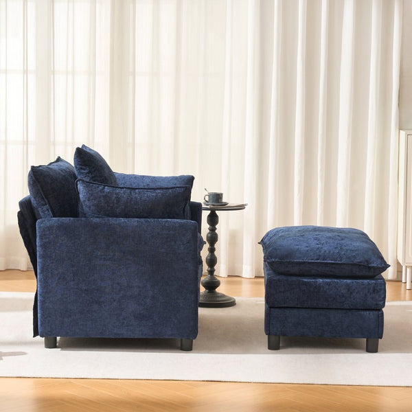 English Elm 39.4" Chenille Club Chair with Ottoman Solid Wood Frame Contemporary Living Room Seat Blue W3244P427715