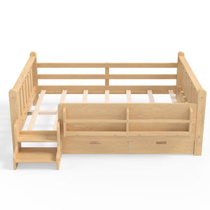 English Elm Twin Kids Platform Bed with Trundle Staircase Bookshelf and Rounded Safety Rails Light Natural W1580S00541