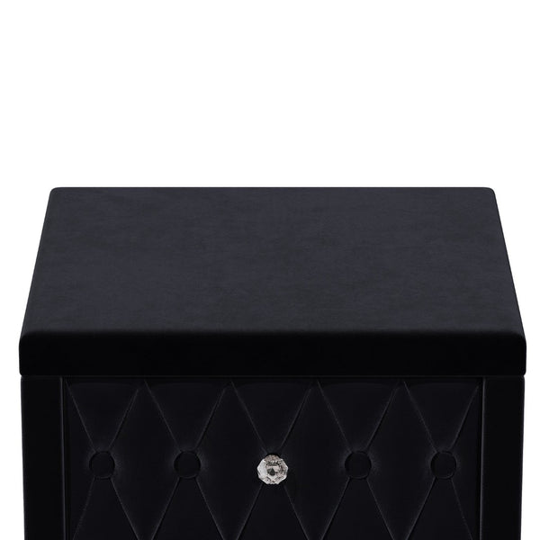 English Elm Elegant Velvet Upholstered Nightstand with Crystal Knobs Tufted Glam Bedside Storage Black N733P210398B