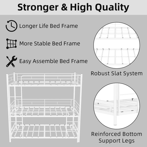 English Elm Heavy-duty triple bunk bed frame with built-in ladder, full guardrails, metal slats, space-saving design White W1935P330701