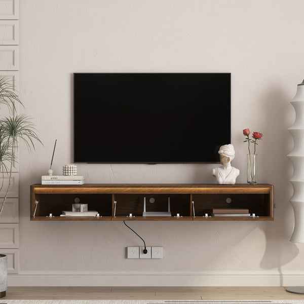 English Elm Floating TV Stand with Touch LED Strip, Built-In Power Hub & Ample Storage for Modern Living Rooms Wood 74.61 L x 17.52 W x 6.1 H W1321P389548