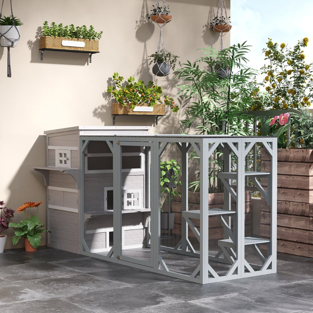 English Elm Pawhut 3-Story Cat House - Cozy Multi-Level Feral Shelter With Escape Doors, Jumping Platforms, Grey W2225P200611-GIGA