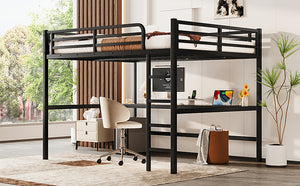 English Elm Metal Queen Size Loft Bed With Integrated Desk, Led Lighting, Power Outlet & Space-Saving Design W1580S00182