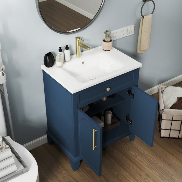 English Elm 27.8" Mid-century Freestanding Bathroom Vanity with Ceramic Sink Drawer and Wood Base Blue W1801S00005