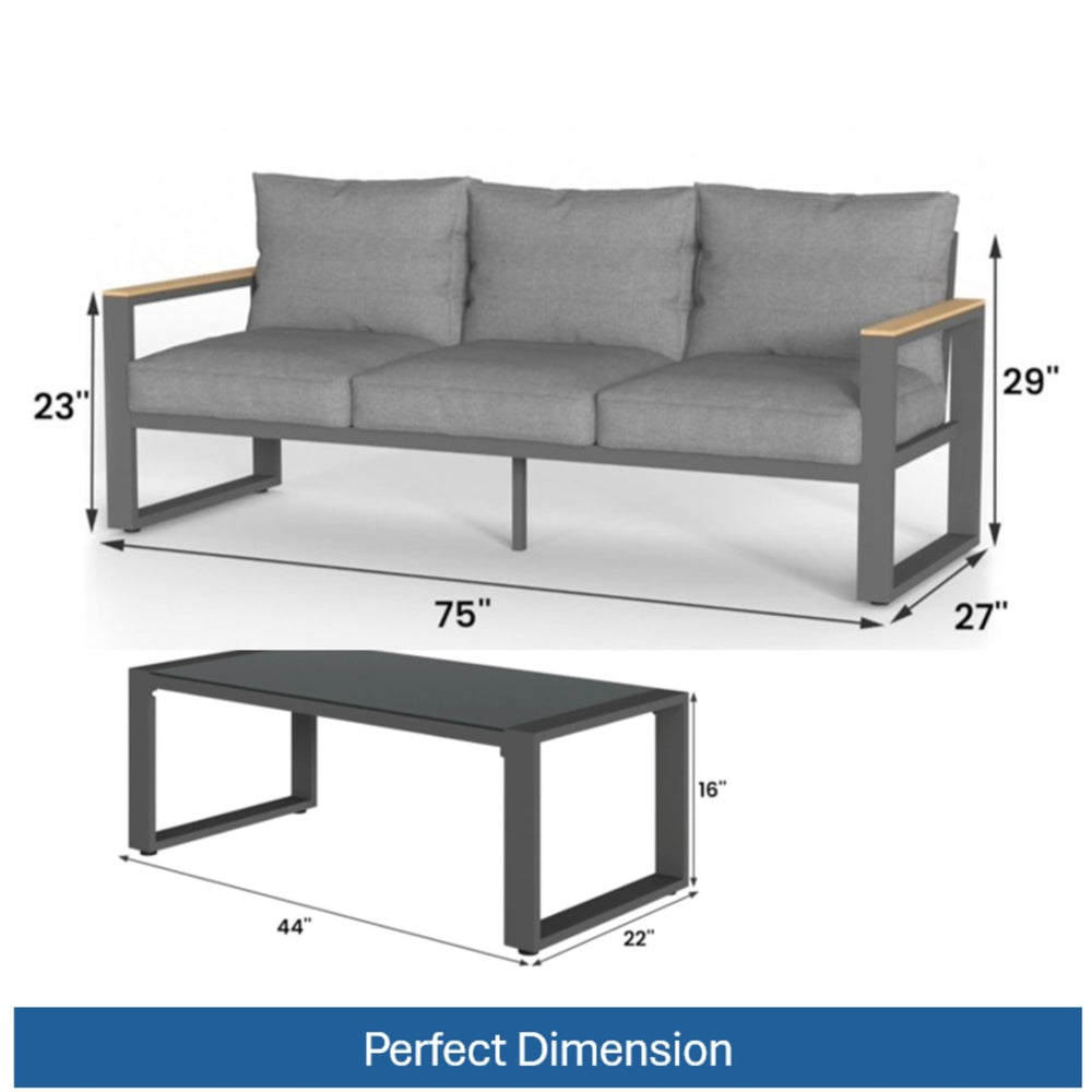 English Elm 2-piece Outdoor Aluminum Patio Sofa Set with Tempered Glass Table and Cushioned Seating Black+Grey B082P455133