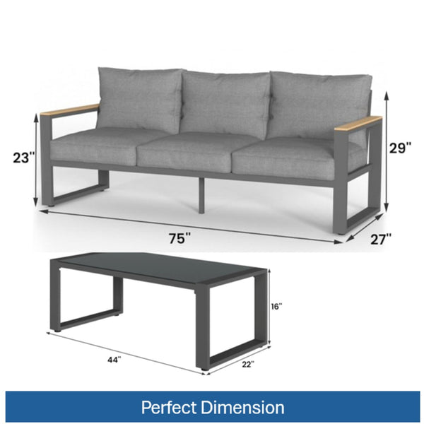 English Elm 2-piece Outdoor Aluminum Patio Sofa Set with Tempered Glass Table and Cushioned Seating Black+Grey B082P455133