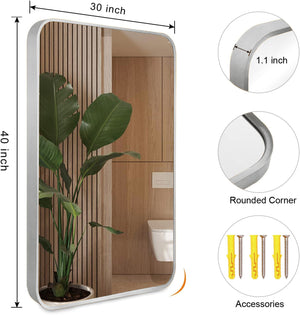 English Elm 30x40 Inch Metal Framed Rectangular Bathroom Mirror 4mm HD Glass Shatterproof Film Modern Design Silver W2203P303038