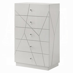 English Elm Ultra Modern white and silver 6-drawer dresser with embossed lines, smooth metal glides, luxe knobs Glossy White 35 L x 22 W x 56 H B2741P408970