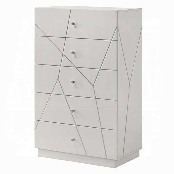 English Elm Ultra Modern white and silver 6-drawer dresser with embossed lines, smooth metal glides, luxe knobs Glossy White 35 L x 22 W x 56 H B2741P408970