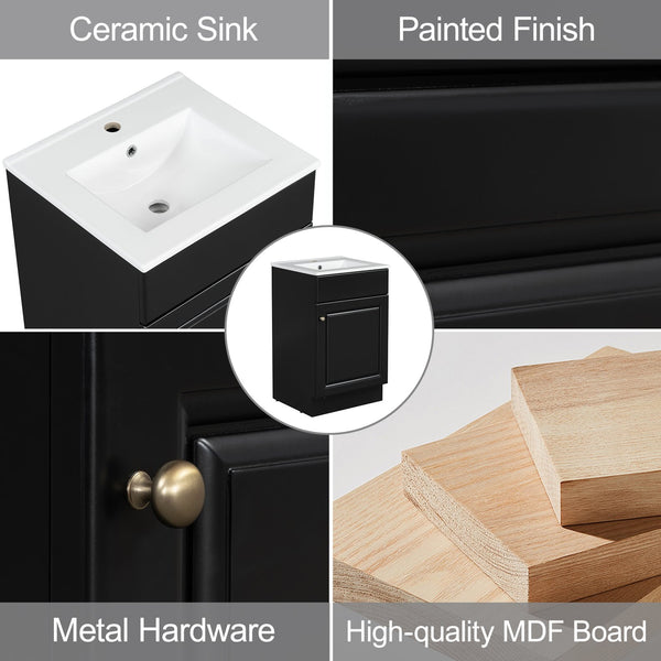 English Elm Christopher Knight Home® - 20" Bathroom Vanity with Ceramic Sink and Soft-Close Door, Gold Knob, Adjustable Shelf Storage Black N759P237946B