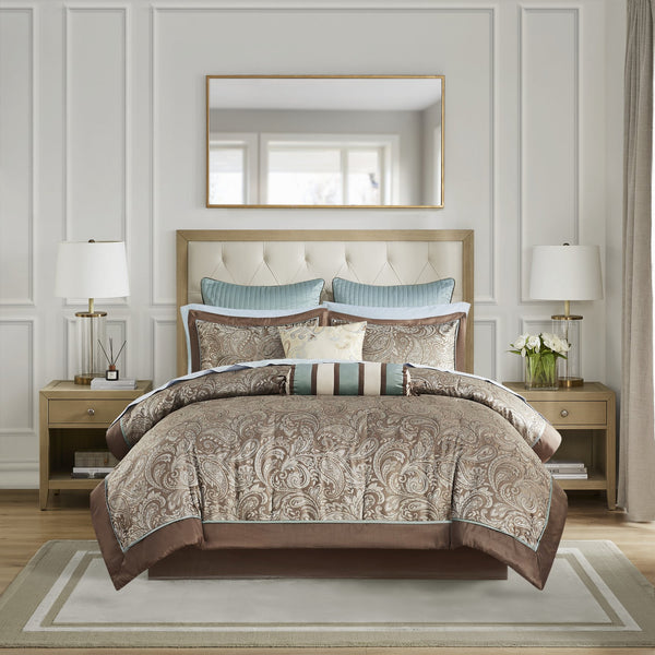 English Elm 12 Piece Madison Park Aubrey Bed Set Full - Jacquard Paisley Comforter, Reversible Sand, 200TC Cotton Sheets, Blue-Taupe Elegance B035128823