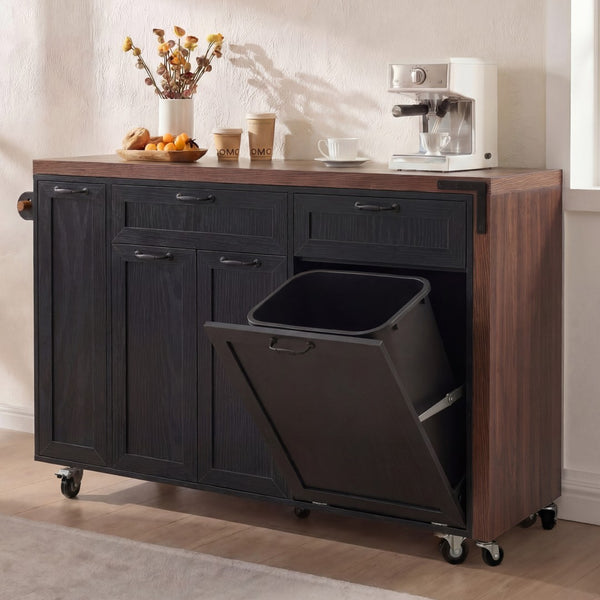 English Elm K&k Extendable Kitchen Island Rolling Cart with Spice Rack Walnut Oak Finish Black N707S000026B