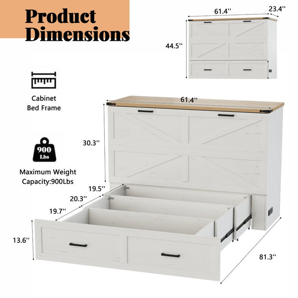 English Elm Queen Murphy Cabinet Bed Rustic Grey Farmhouse Style with Charging Station Storage W5271S00002