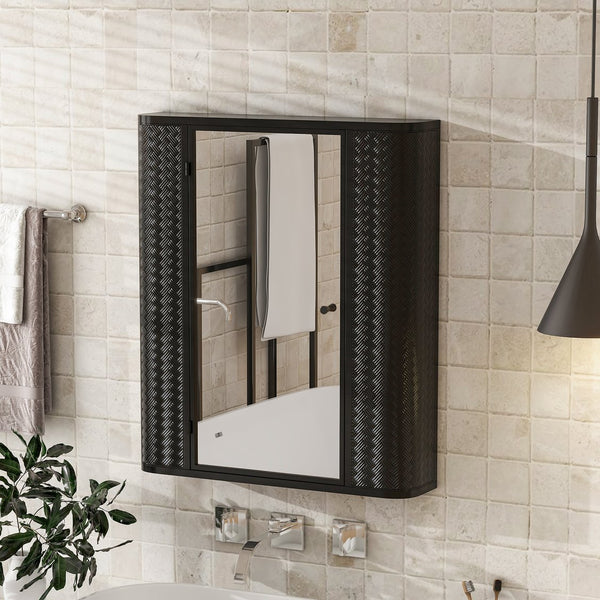 English Elm Wall-Mounted Antique Black Mirrored Medicine Cabinet with Steel Frame, 2 Shelves, Space-Saving Organizer W3122P272885