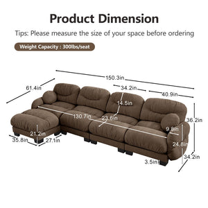 English Elm Pleated Chenille Sectional Sofa with Ottoman Ergonomic Foam Curved Armrests Living Room Brown W5656S00062