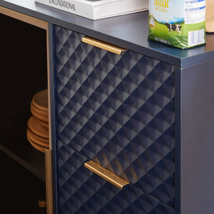 English Elm Deluxe Modern Carved Chest of Drawers with Tempered Glass Doors, 3 Drawers + 2 Compartments, Sleek Metal Legs Dark Blue W1162P295365