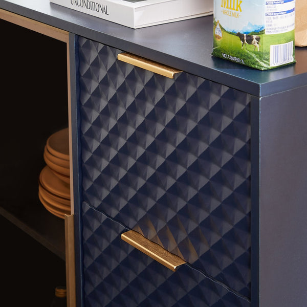 English Elm Deluxe Modern Carved Chest of Drawers with Tempered Glass Doors, 3 Drawers + 2 Compartments, Sleek Metal Legs Dark Blue W1162P295365