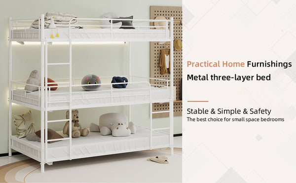 English Elm Heavy-duty triple bunk bed frame with built-in ladder, full guardrails, metal slats, space-saving design White W1935P330701