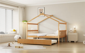 English Elm Full Size House Bed Solid Pinewood Frame with Pull Out Twin Trundle for Kids Natural LP000305AAM-1