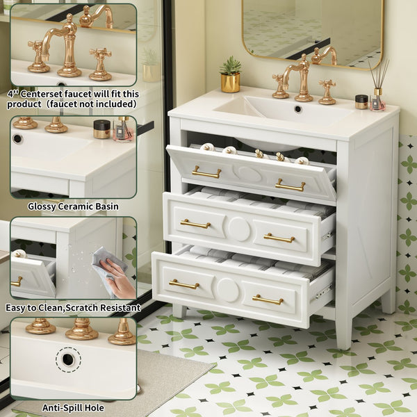 English Elm 30'' Bathroom Vanity with Ceramic Sink, Solid Wood Frame Retro Style Vanity with 3 Drawers & Gold Handles White N710P246209K