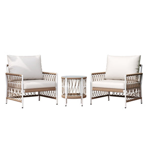 English Elm 3-piece Outdoor Bohemian Rope Lounge Set with Tempered Glass Table for Patio N767P306731B_N767P306732B