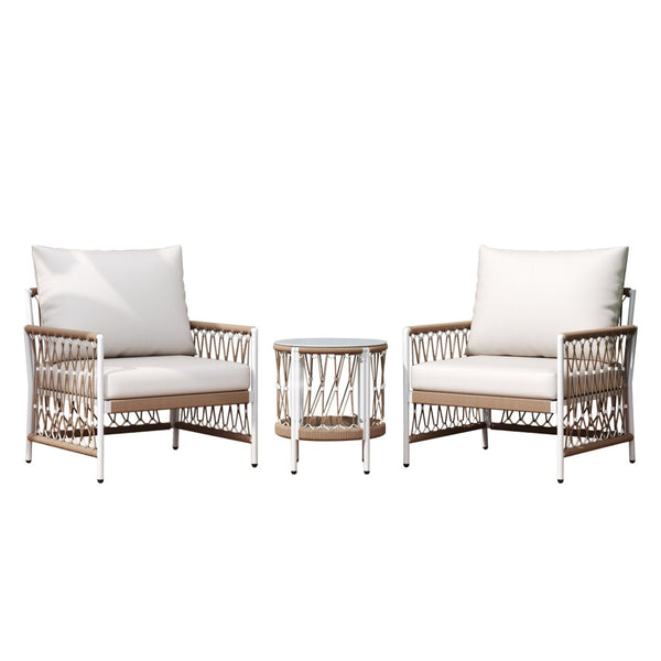 English Elm 3-piece Outdoor Bohemian Rope Lounge Set with Tempered Glass Table for Patio N767P306731B_N767P306732B