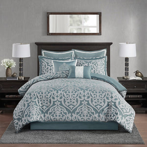 English Elm 8 Piece Jacquard Comforter Set - Luxurious Aqua/Silver Queen Ensemble For Elegant Bedroom Makeover B035128882