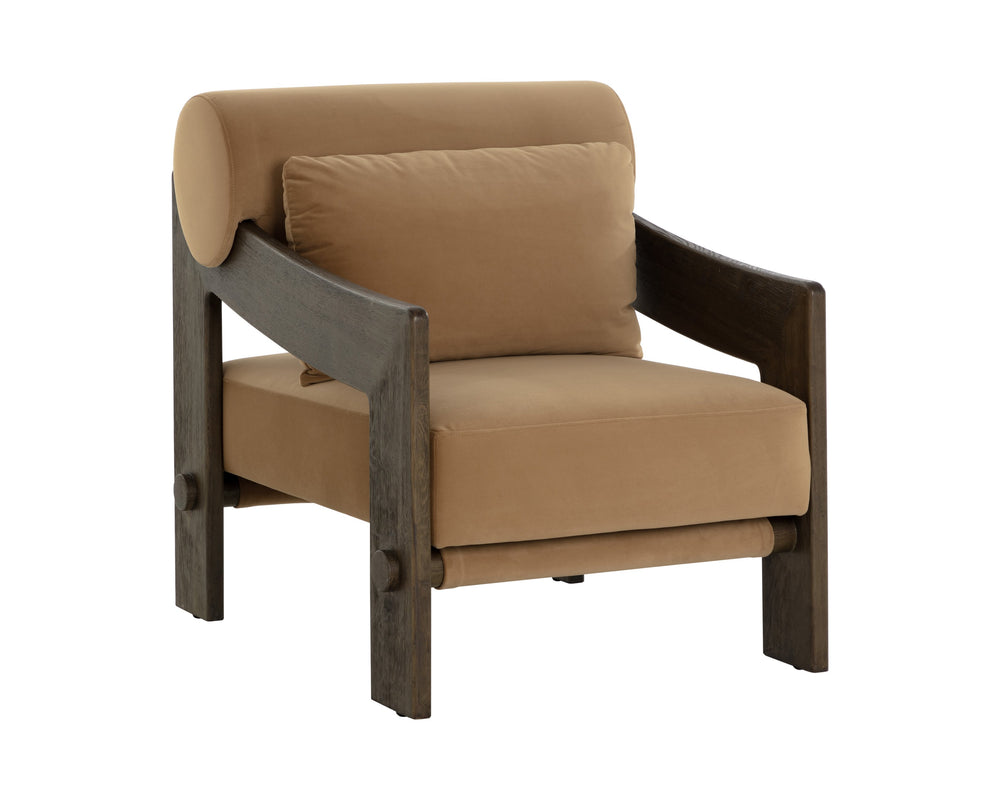 Sunpan Reizo Lounge Chair - Stylish Distressed Brown Solid Oak With Kona Camel Fabric For Ultimate Comfort Brown Fabric 112120