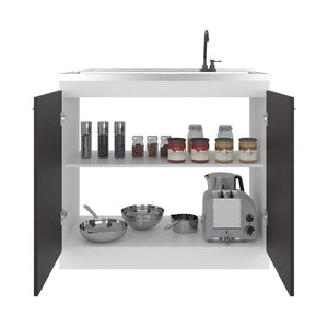 English Elm Zurich Freestanding Stainless Steel Utility Sink with Black Storage Cabinet for Garage Black & White Print B200S00458