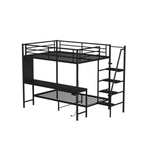 English Elm Black Metal Loft Bed with Built-in Desk Rgb Led Lighting and Charging Station Black W1671S00009
