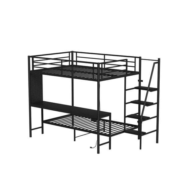 English Elm Black Metal Loft Bed with Built-in Desk Rgb Led Lighting and Charging Station Black W1671S00009