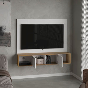 English Elm Entertainment Center White & Natural Oak, 2 Doors 4 Shelves, Compact Modern Engineered Wood Storage Unit B097P296838