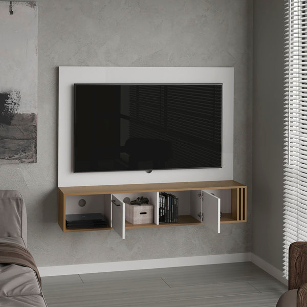 English Elm Entertainment Center White & Natural Oak, 2 Doors 4 Shelves, Compact Modern Engineered Wood Storage Unit B097P296838