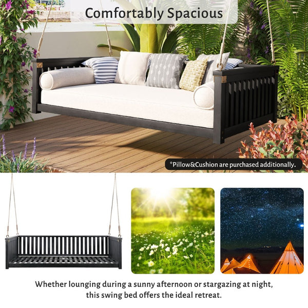 English Elm Topmax Acacia Wood Porch Swing Bed Sloped Frame Outdoor Lounger for Backyard Patio Black WF319383AAB