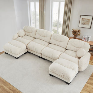 English Elm Pleated Chenille U-shape Modular Sectional Sofa with Ottomans and Ergonomic Foam Cushions Beige W5656S00045