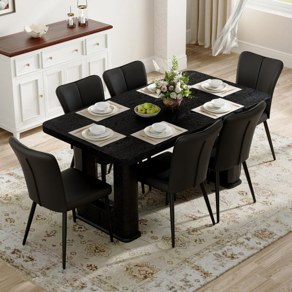 English Elm Table Black Wood Dining Set With 6 Stylish Pu Chairs, Textured Finish & U-Shaped Metal Legs For Modern Homes W1151S04315-GIGA