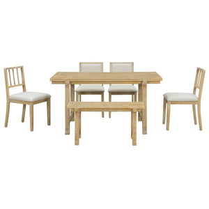 English Elm Trexm Farmhouse Dining Set Seats Six Oak Veneer Table Mixed Chairs Bench Included Beige,Natural Wood Wash ST000156AAE