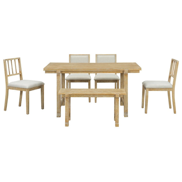 English Elm Trexm Farmhouse Dining Set Seats Six Oak Veneer Table Mixed Chairs Bench Included Beige,Natural Wood Wash ST000156AAE
