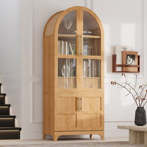 English Elm K&k Arched Farmhouse Pantry Cabinet Glass Doors Hidden Drawer Two Tone Kitchen Storage Natural N707S288969Y